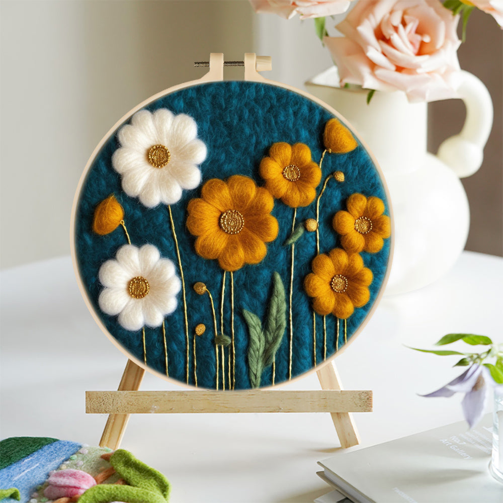 Small Yellow and White Flowers Wool Needle Felting Painting Kit