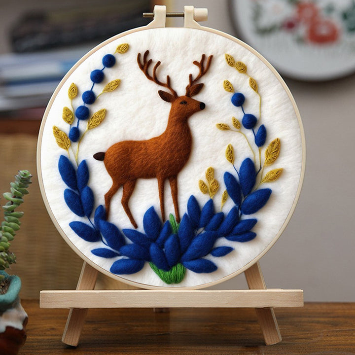 Elegant Deer with Blue Leaves Wool Needle Felting Painting Kit