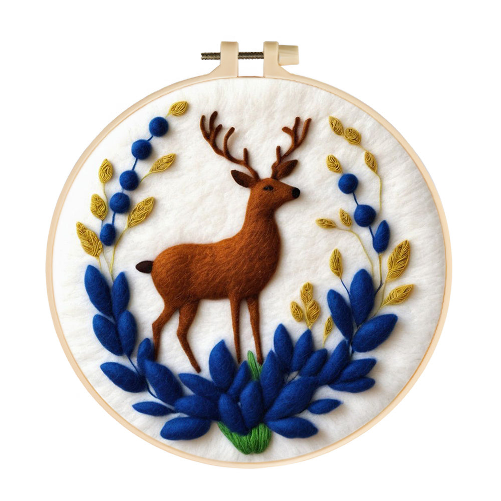Elegant Deer with Blue Leaves Wool Needle Felting Painting Kit