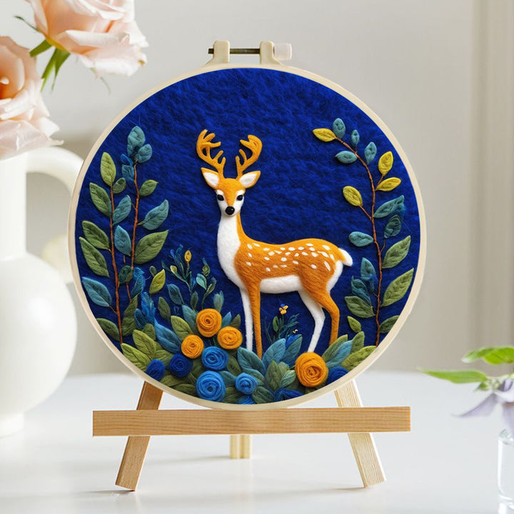 Deer Stands Among Blue Flowers Wool Needle Felting Painting Kit