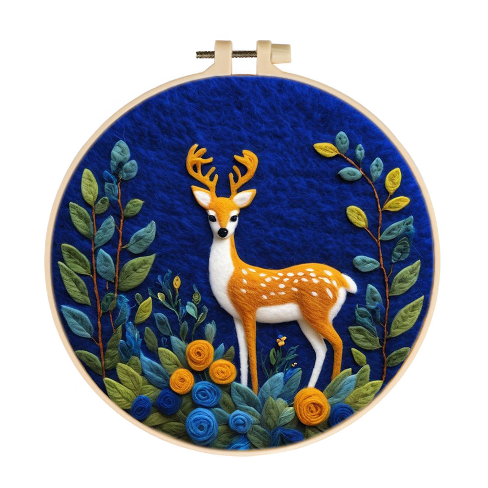 Deer Stands Among Blue Flowers Wool Needle Felting Painting Kit