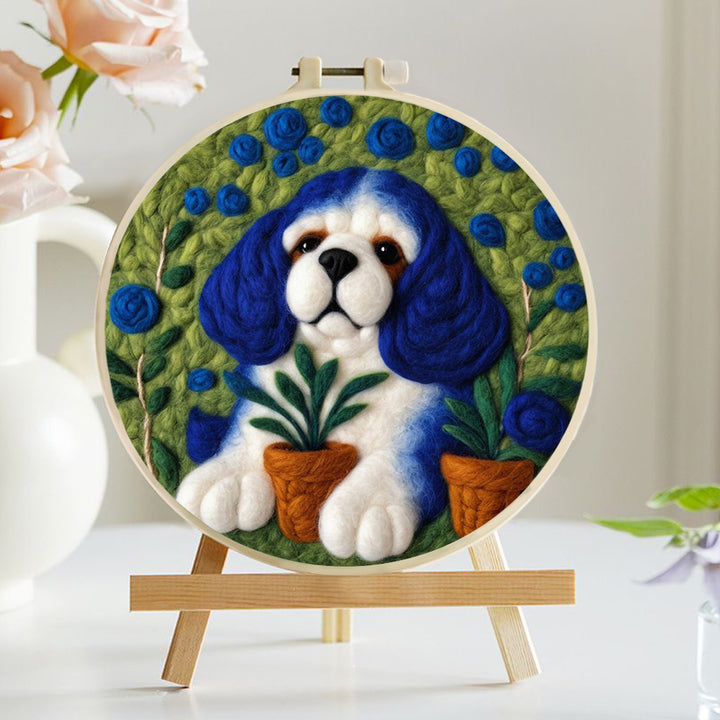 Blue-Eared Dog Resting with Plants Wool Needle Felting Painting Kit