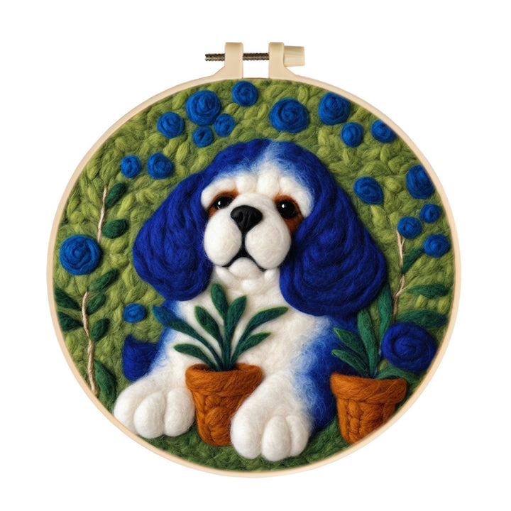 Blue-Eared Dog Resting with Plants Wool Needle Felting Painting Kit