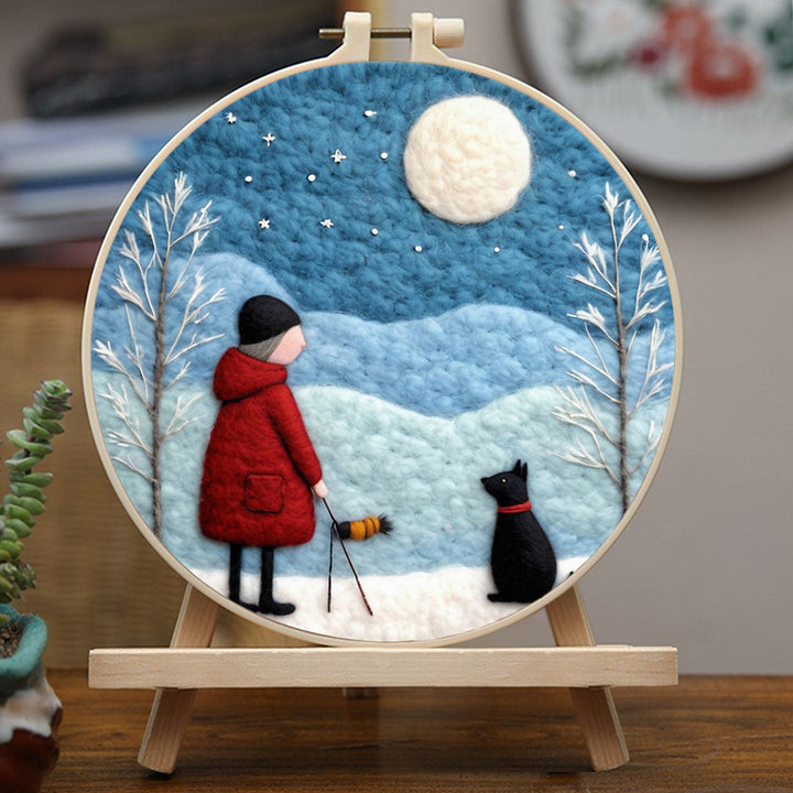 Person and Dog Under Full Moon Wool Needle Felting Painting Kit
