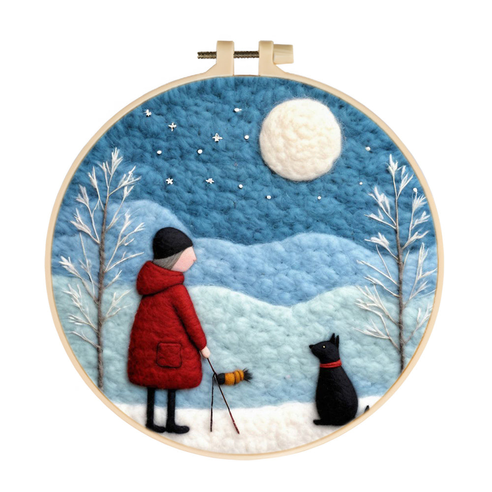 Person and Dog Under Full Moon Wool Needle Felting Painting Kit
