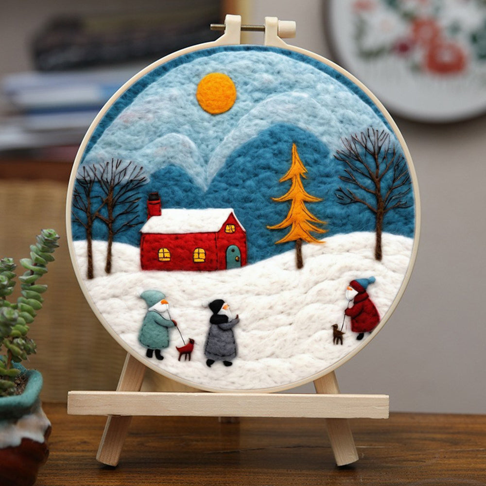Christmas House and People in the Snow Wool Needle Felting Painting Kit