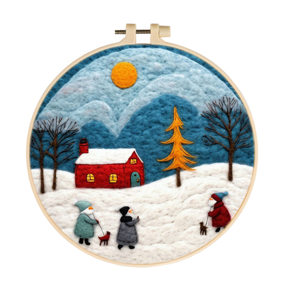 Christmas House and People in the Snow Wool Needle Felting Painting Kit