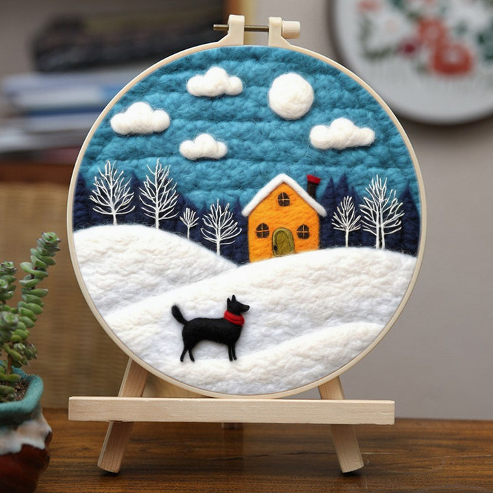 House and Dog on the Snow Slope Wool Needle Felting Painting Kit