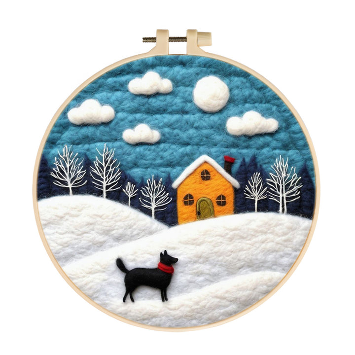 House and Dog on the Snow Slope Wool Needle Felting Painting Kit