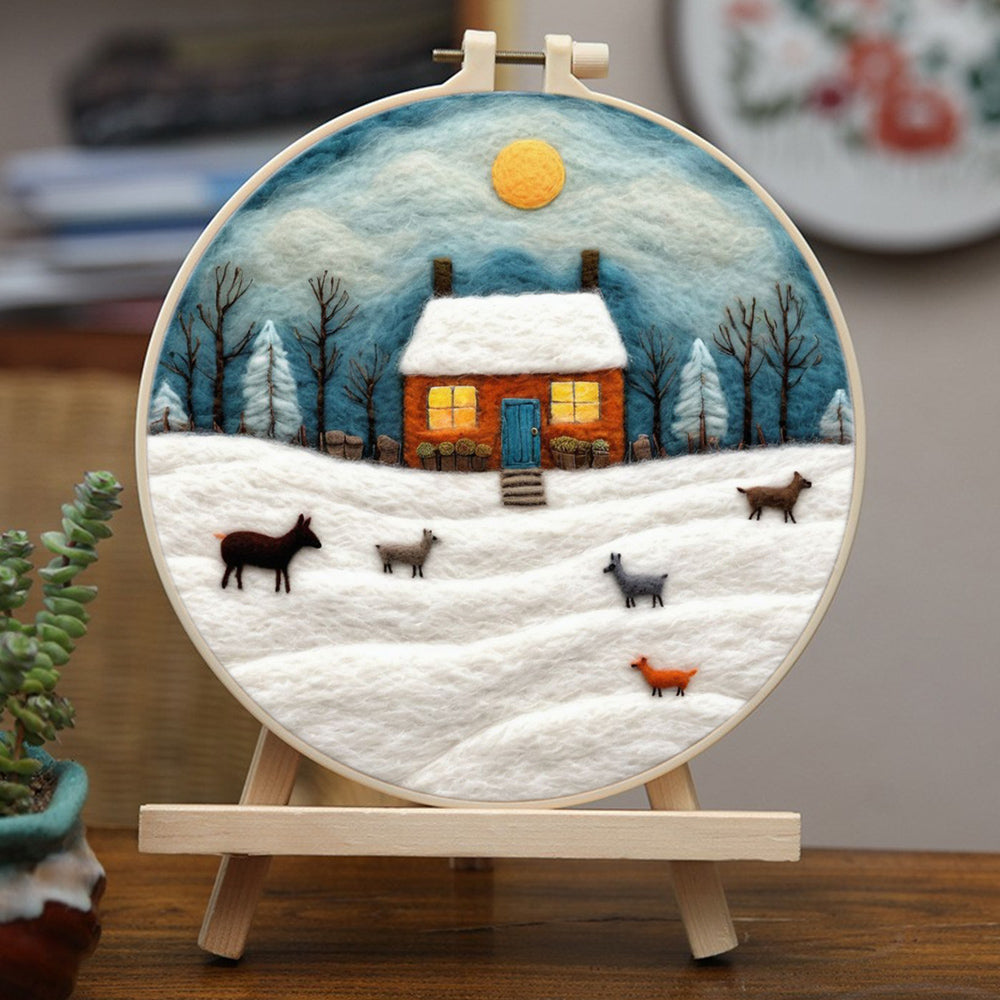 Wooden House and Animals in Winter Snow Wool Needle Felting Painting Kit