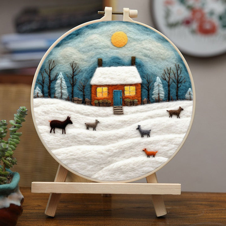 Wooden House and Animals in Winter Snow Wool Needle Felting Painting Kit