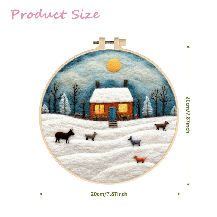 Wooden House and Animals in Winter Snow Wool Needle Felting Painting Kit