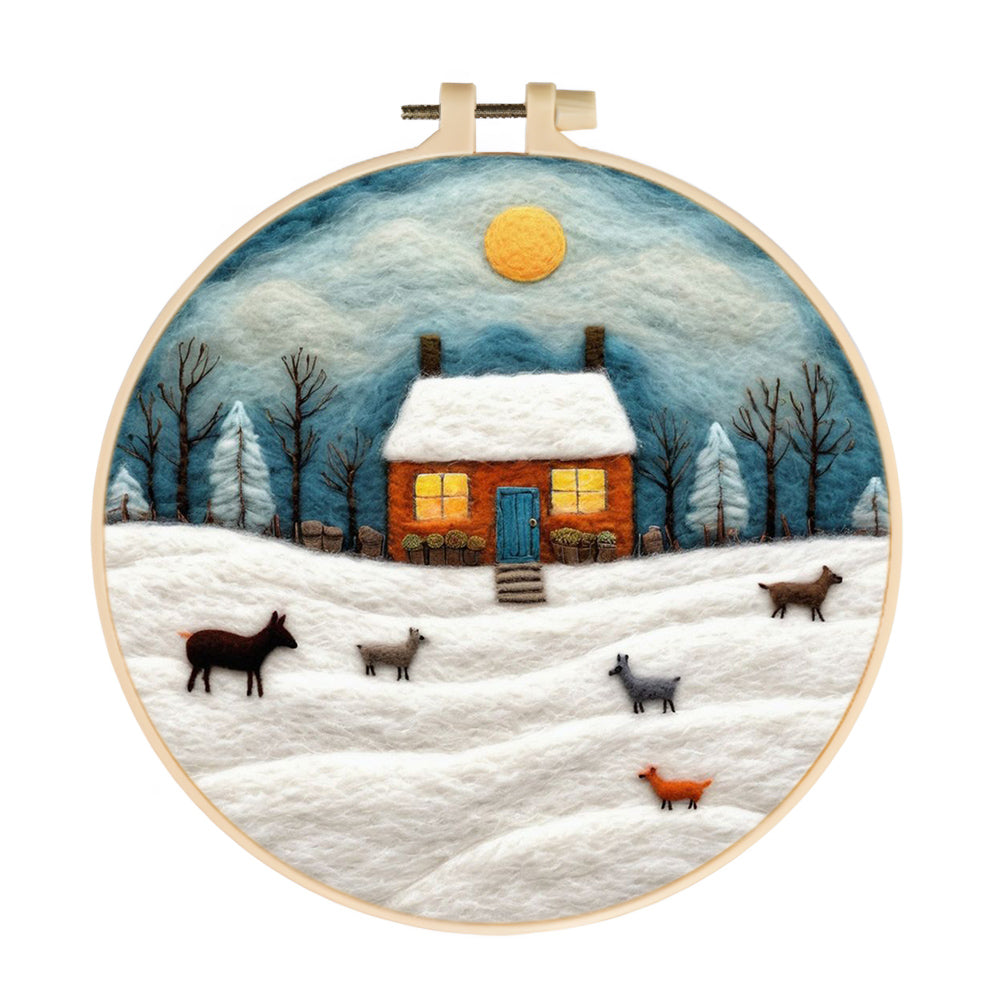 Wooden House and Animals in Winter Snow Wool Needle Felting Painting Kit