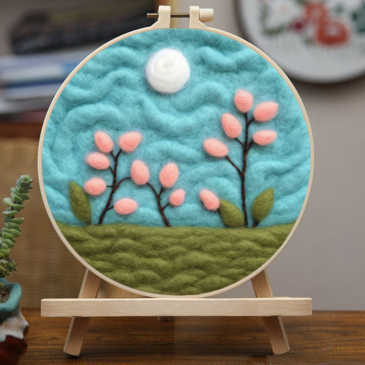 Pink Flowers Blooming Under Moon Wool Needle Felting Painting Kit