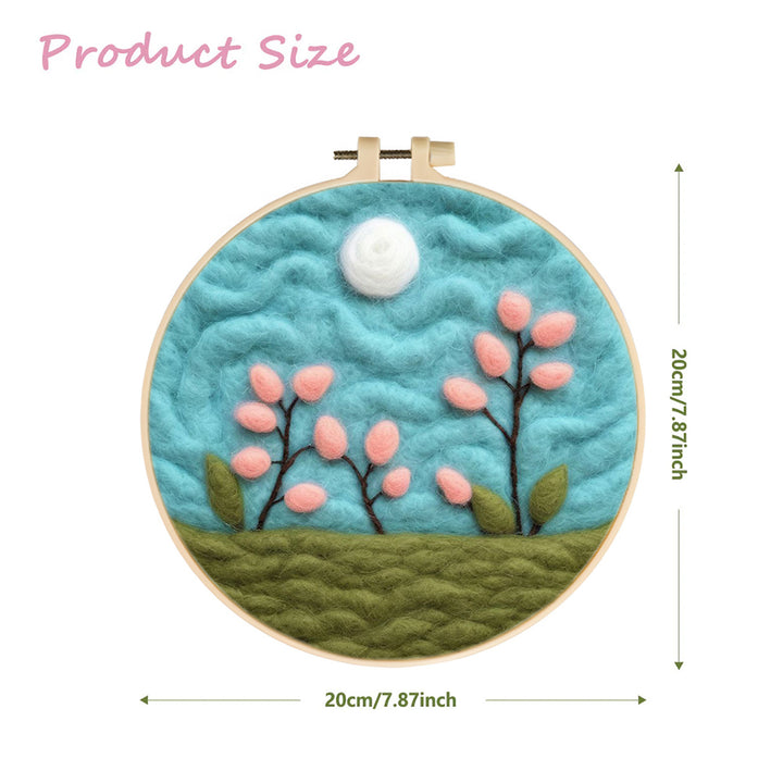 Pink Flowers Blooming Under Moon Wool Needle Felting Painting Kit