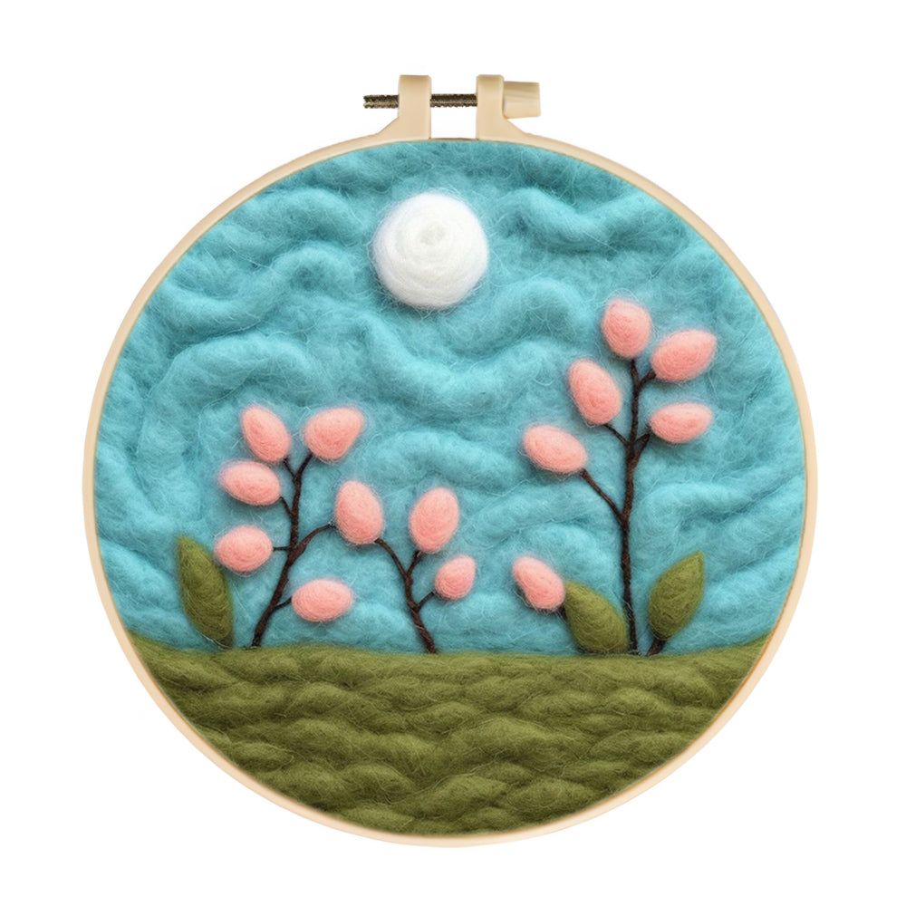 Pink Flowers Blooming Under Moon Wool Needle Felting Painting Kit