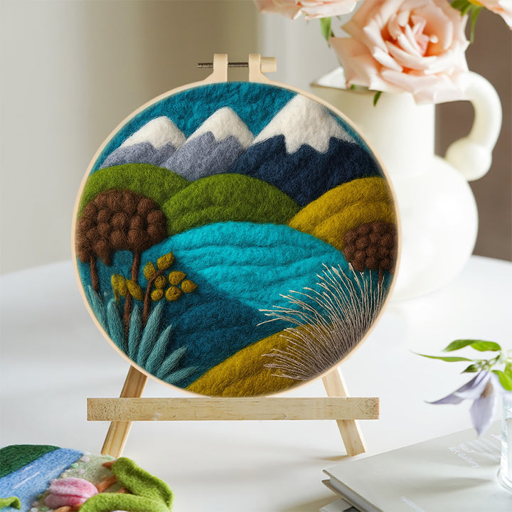 Layered Mountains Over a Blue Wool Needle Felting Painting Kit