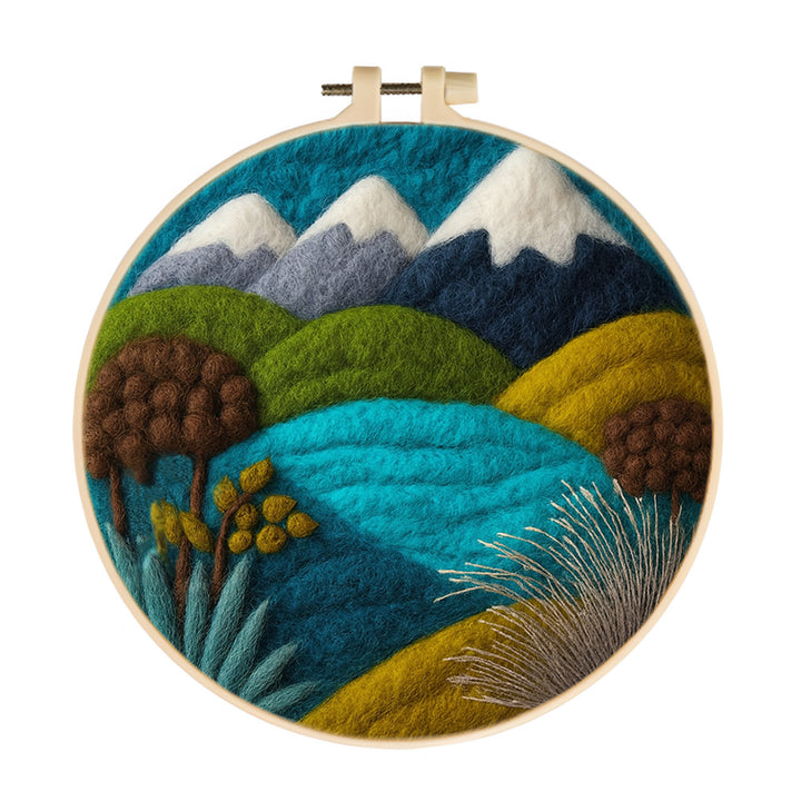 Layered Mountains Over a Blue Wool Needle Felting Painting Kit