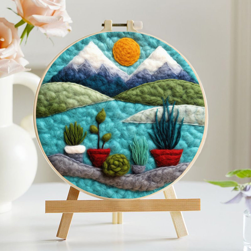 Snowy Mountains with Lake and Riverside Plants Wool Needle Felting Painting Kit