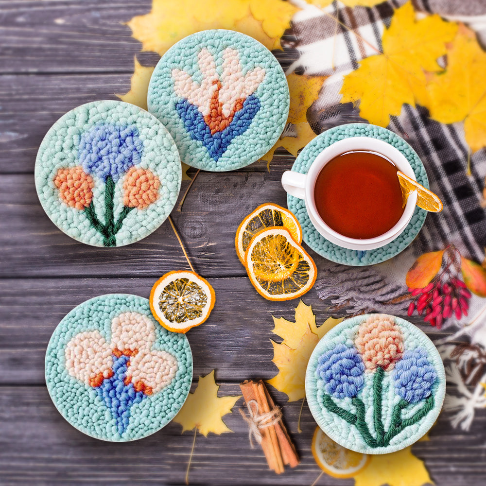 Light Blue Flowers Punch Needle Coasters Kits 6 Pack