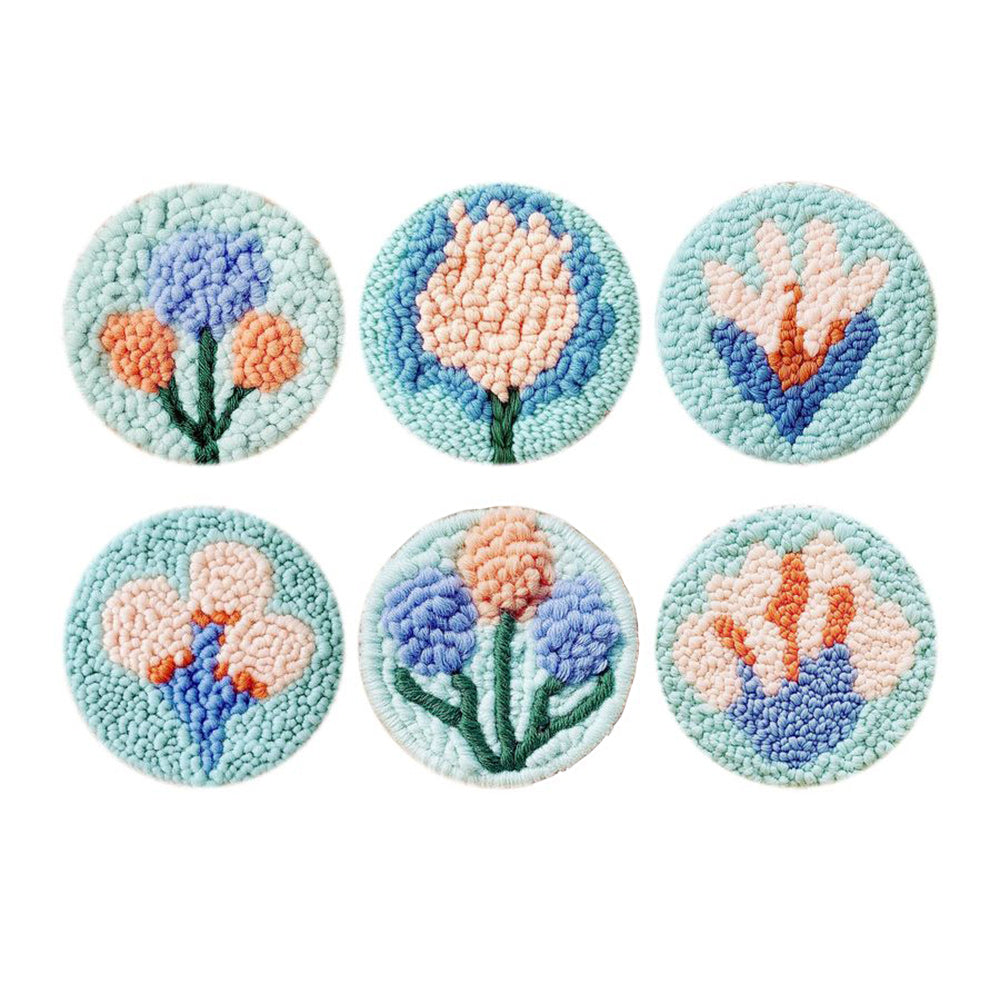 Light Blue Flowers Punch Needle Coasters Kits 6 Pack