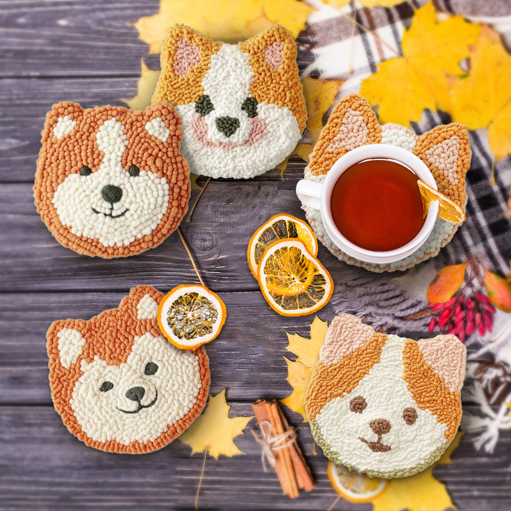 Cute Dog Punch Needle Coasters Kits 6 Pack