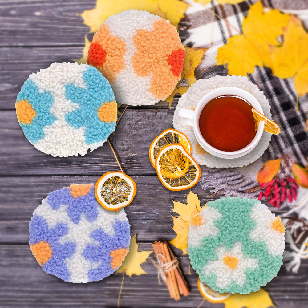 Colored Flowers Punch Needle Coasters Kits 6 Pack