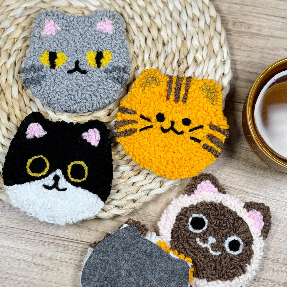 Cute Kitten Punch Needle Coasters Kits 6 Pack