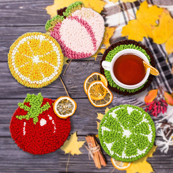 Fruits and Tomato Punch Needle Coasters Kits 6 Pack