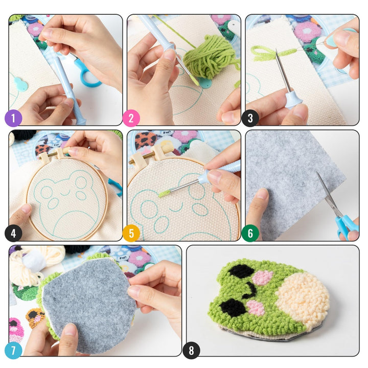Color Frog Punch Needle Coasters Kits 6 Pack