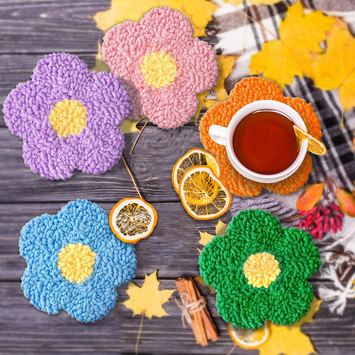Colorful Flowers Punch Needle Coasters Kits 6 Pack