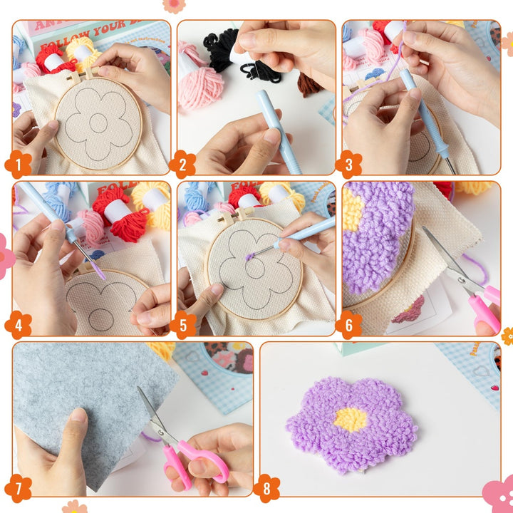 Colorful Flowers Punch Needle Coasters Kits 6 Pack