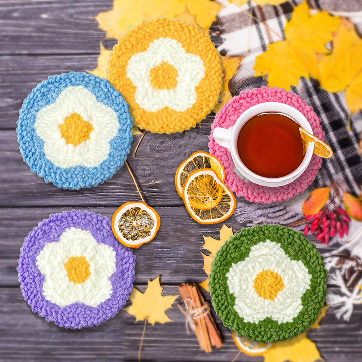 Round Flower Punch Needle Coasters Kits 6 Pack