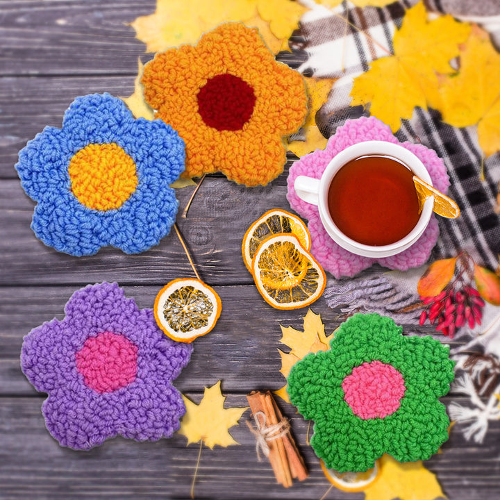 Colorful Little Flowers Punch Needle Coasters Kits 6 Pack