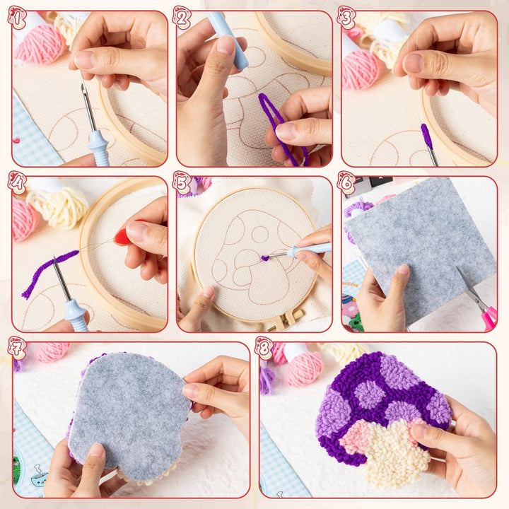 Colorful Mushrooms Punch Needle Coasters Kits 6 Pack