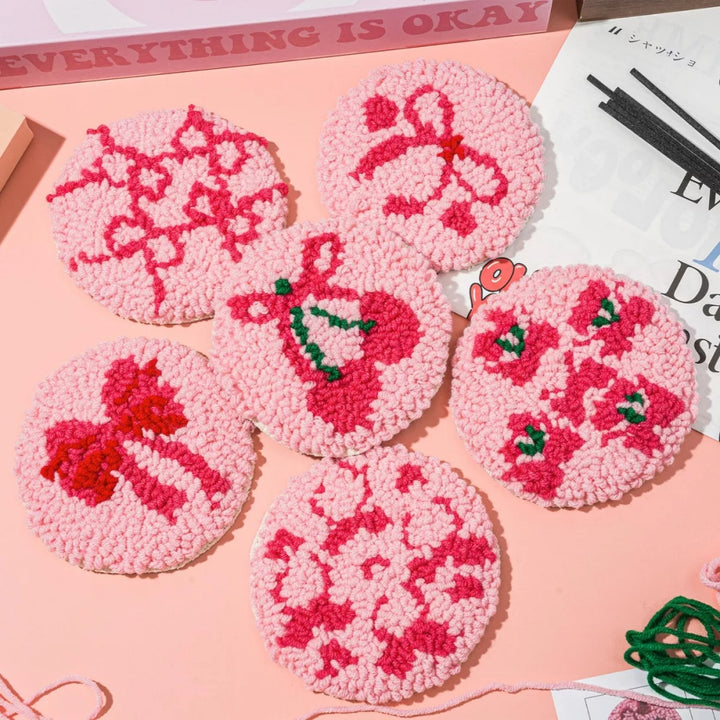 Pink Bow Punch Needle Coasters Kits 6 Pack
