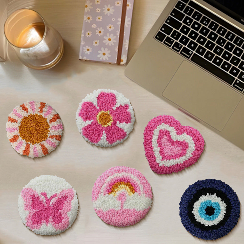 Flower & Heart Punch Needle Coasters Kits 6 Pack