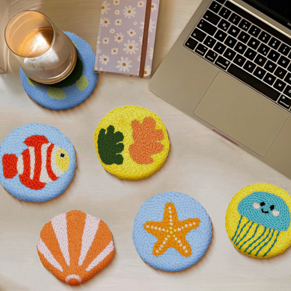 Ocean Creatures Punch Needle Coasters Kits 6 Pack