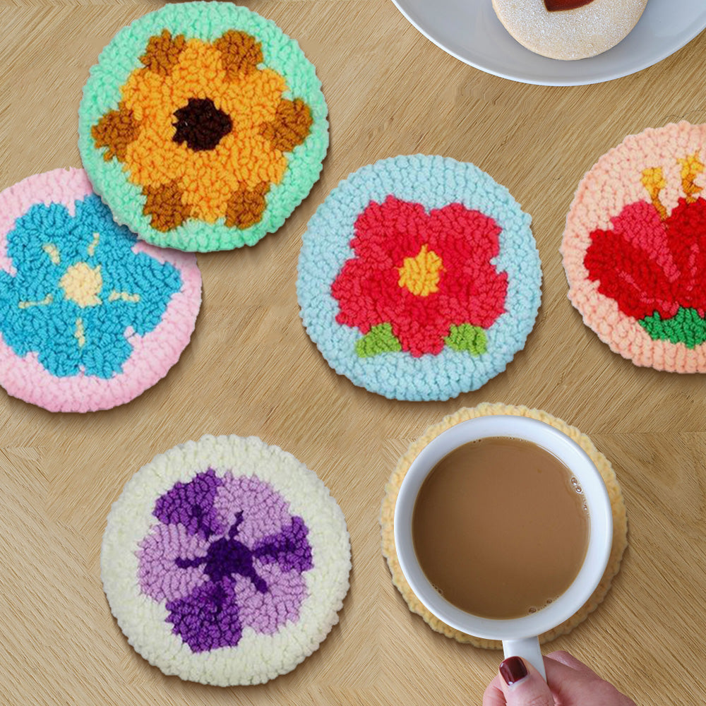 Floral Punch Needle Coasters Kits 6 Pack