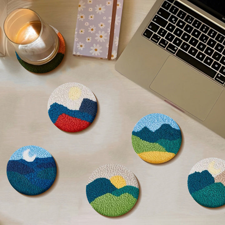 Mountain Landscape Punch Needle Coasters Kits 6 Pack