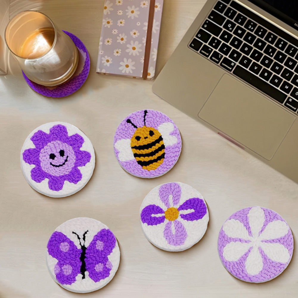 Purple Floral & Bee Punch Needle Coasters Kits 6 Pack