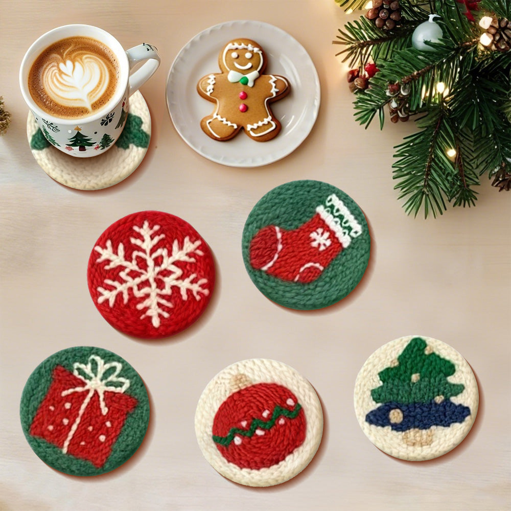 Christmas Ornament Punch Needle Coasters Kits 6 Pack