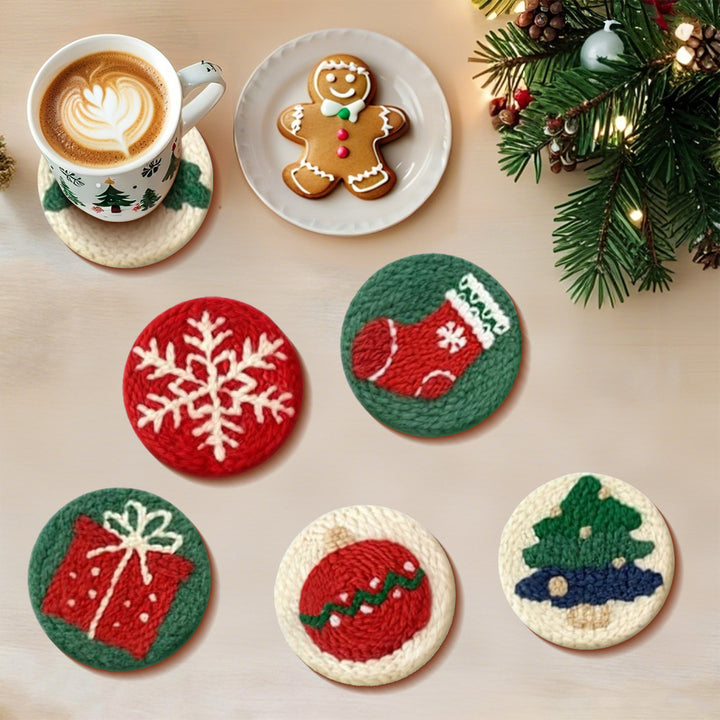 Christmas Ornament Punch Needle Coasters Kits 6 Pack