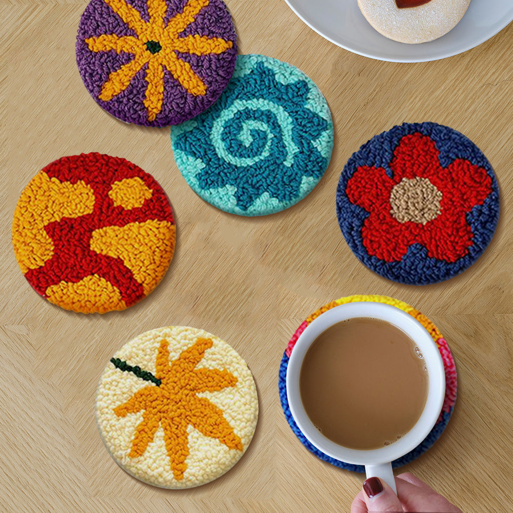 Floral Pattern Punch Needle Coasters Kits 6 Pack