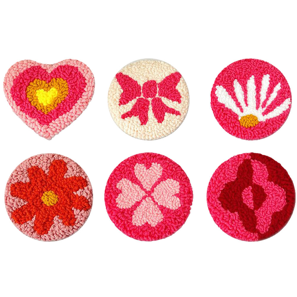 Pink Heart & Flower Punch Needle Coasters Kits 6 Pack