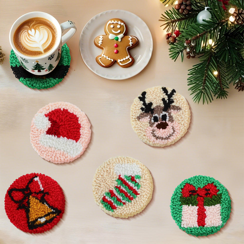Christmas Elf & Reindeer Punch Needle Coasters Kits 6 Pack
