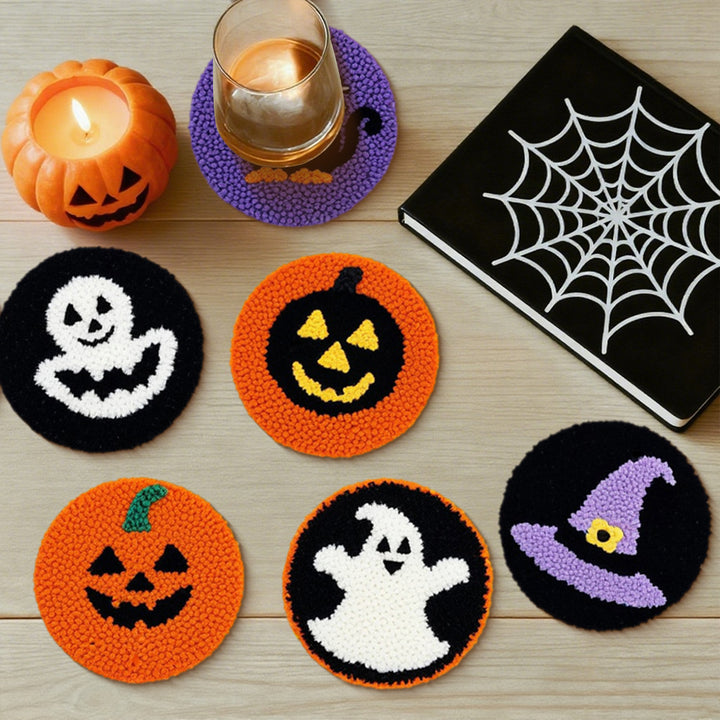 Halloween Cute Elements Punch Needle Coasters Kits 6 Pack