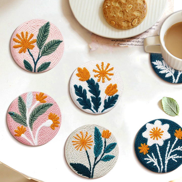 Floral Design Punch Needle Coasters Kits 6 Pack