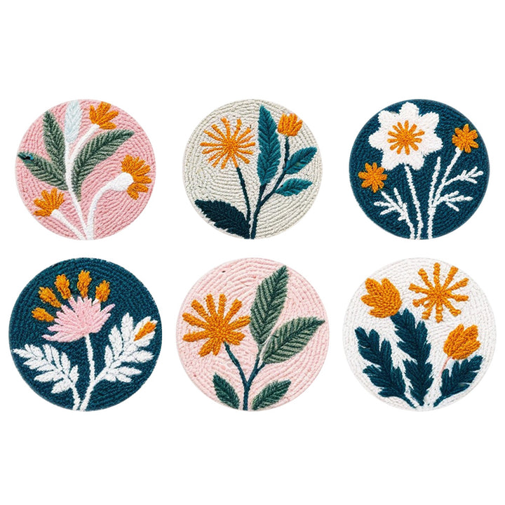 Floral Design Punch Needle Coasters Kits 6 Pack