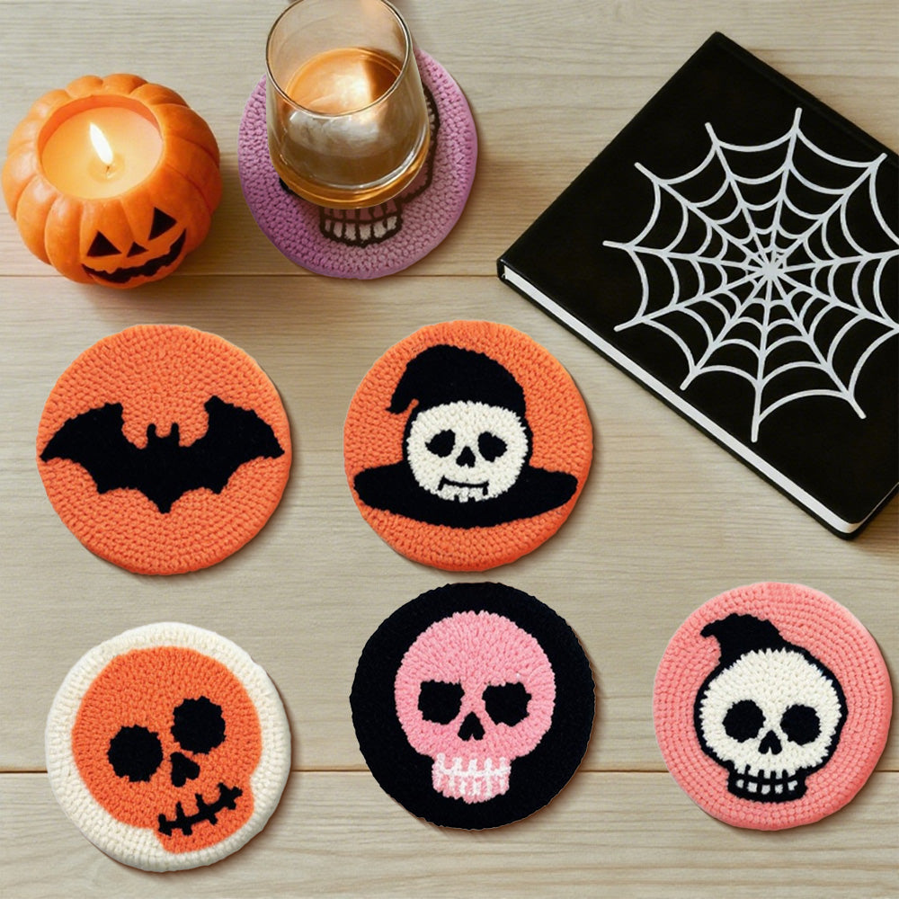Halloween Skull & Bat Punch Needle Coasters Kits 6 Pack